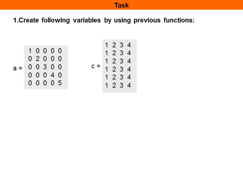 Task 1.Create following variables by using previous functions:  1  0  0